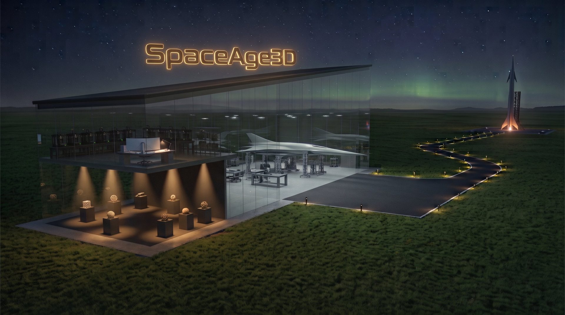 A glass-walled studio at night: a lit gallery of small printed sculptures, a workshop bay with a printer and an aircraft model, a road of marker lights, and a rocket standing on a launch pad under the aurora.